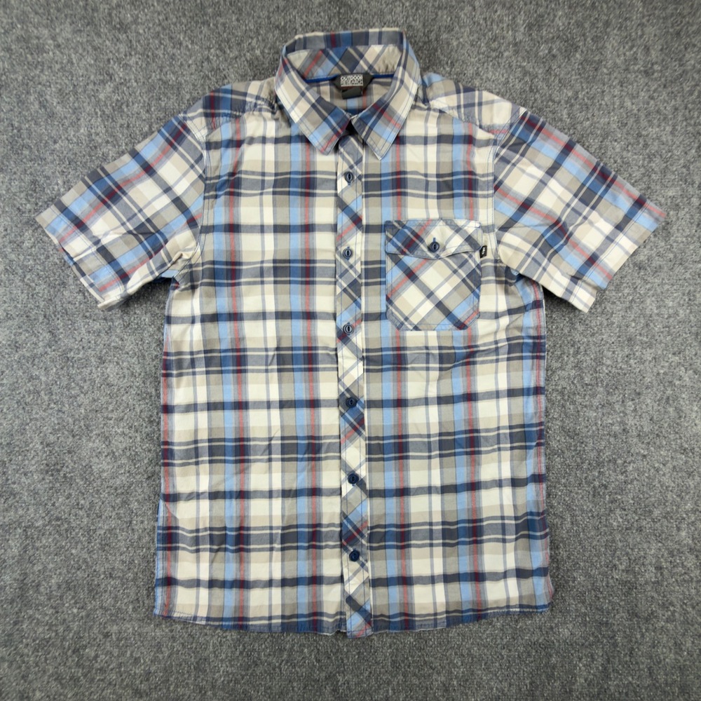 Outdoor Research Mens Pale Ale Plaid Short Sleeve Button Up Shirt Blue Grey M